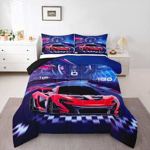 Image of Feelyou Purple Red Race Car Comforter Set Boys Extreme Sports Car Bedding Set for Kids Boys Cool Car Comforter Car Sports Inner Fill Duvet Set 1 Comforter Set with 2 Pillowcases Queen Size