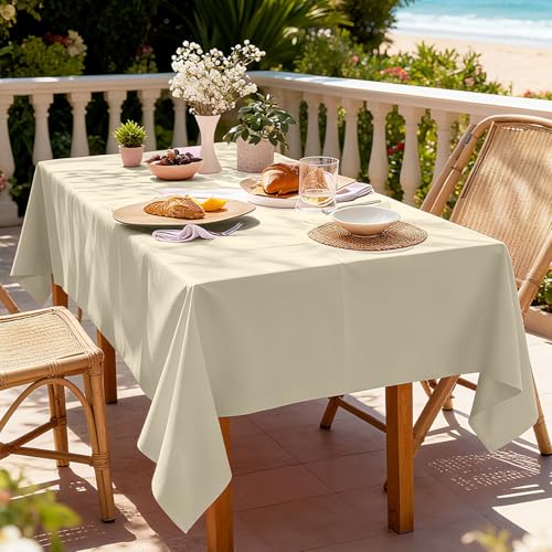 Image of Oigco Ivory Tablecloth - 3 Pack 54 inch x 108 inch Rectangle Disposable Cream Tablecloth, Beige Waterproof Plastic Table Cover for Party, Holiday & Gathering Use