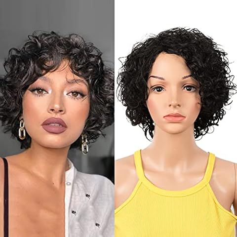 DÉBUT Short Bob Wigs with Air Bangs Short Curly Wavy Human Hair Bob Wigs for Women 10 inches 120g 130% Density (10 inches, Natural Black) Cover