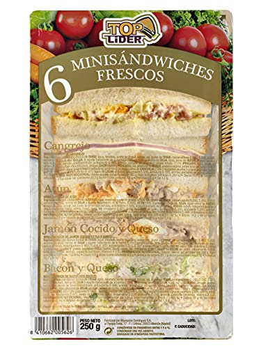 TOP LIDER - 6 Mini Sandwiches Surtidos de Cangrejo, Atún, Jamón Cocido con Queso y Bacon con Queso - Refrigerado - 250 g