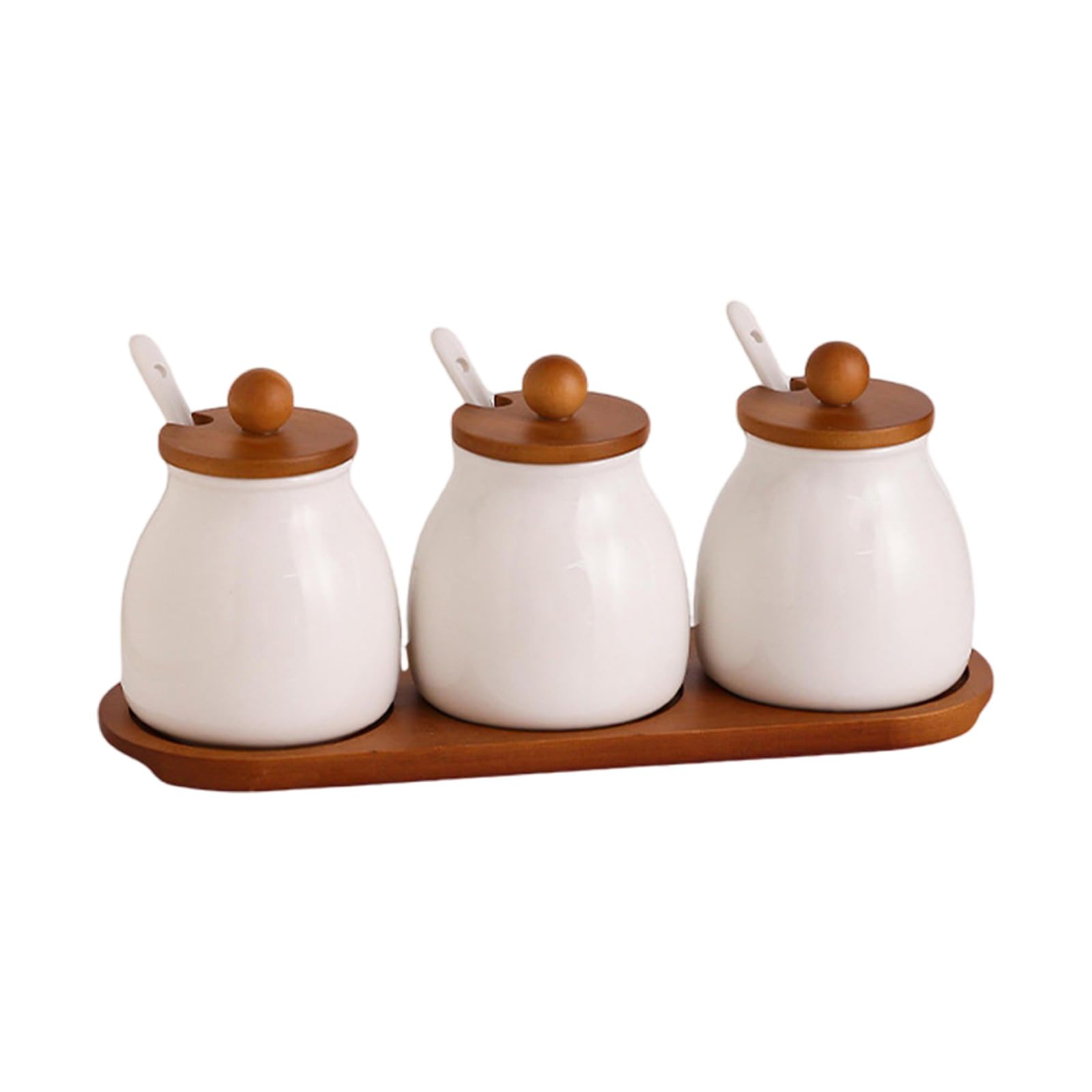 TQUXNGA Ceramic Seasoning Canister Collection with Wooden Lid and Tray Glazed Condiment Container for Kitchen Counter Display Earthenware Condiment Canisters