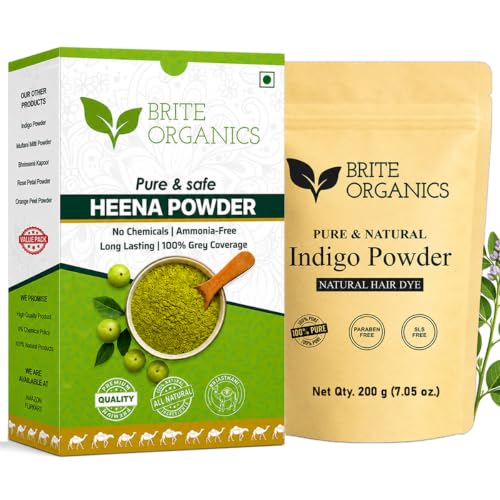 Image of Natural & Pure Powder for Grey hair (ZERO CHEMICAL) Large Pack, Organic Indigo Powder for hair Black. NO PPD, NO AMMONIA. Microfine & Triple Filtered, with Gloves & Cap, Avuri Akulu, Indigofera Tinctoria (Heena 350g + Indigo 200g)