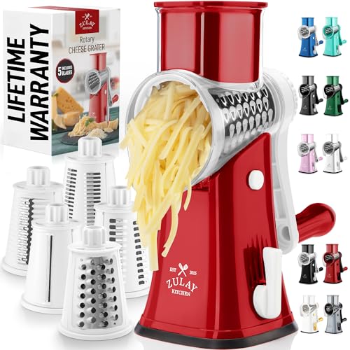 Zulay Kitchen Rotary Cheese Grater 5 Blade Cheese Shredder - Manual Hand Crank Cheese Grater With...