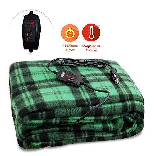 Zone Tech Car Heated Travel Blanket – Green Plaid Premium Quality 12V Automotive