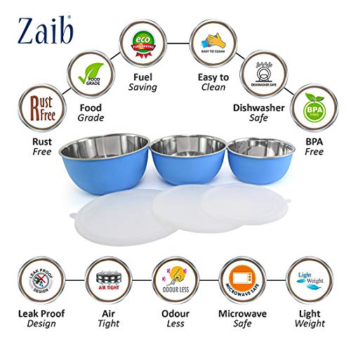 Image of Microwave Safe Stainless Steel Food Storage Container with Lid | Euro Mixing Bowl Set for Kitchen | 500ml, 800ml, 1250ml | Pack of 3 | Leak-Proof (Blue Plain 3)