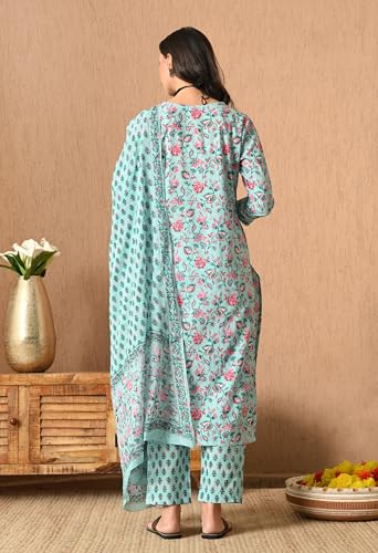 Image of Amazon Brand - Tavasya Women Cotton Anarkali Kurta Pant Dupatta Set | Printed Ethnic Suit Set | Flared Anarkali Kurta with Pant & Dupatta | Festive & Casual Wear