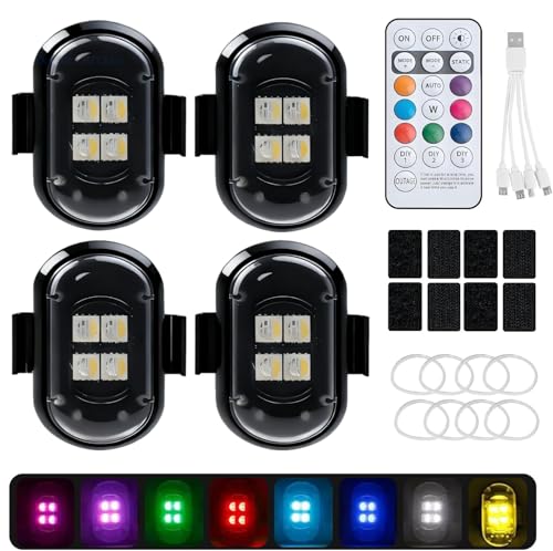 Inajoke 4PCS LED Car Strobe Lights with Wireless Remote Control, 8 Colors 4 LED Light USB C Rechargeable Waterproof High Brightness Anti-Collision Warning Lights for Truck Automotive Bike Car Drone