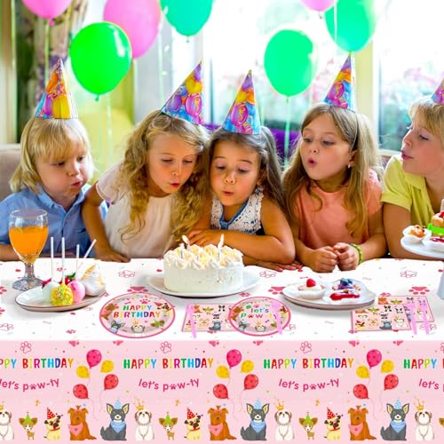 98pcs Dog Birthday Party Decorations Puppy Tableware Set Plates Napkins Pink Dog Theme Tablecloth for Girls Birthday Lets Pawty Party Supplies Kit Pet Dog Table Cover Dinnerware Paw Print Party Favors