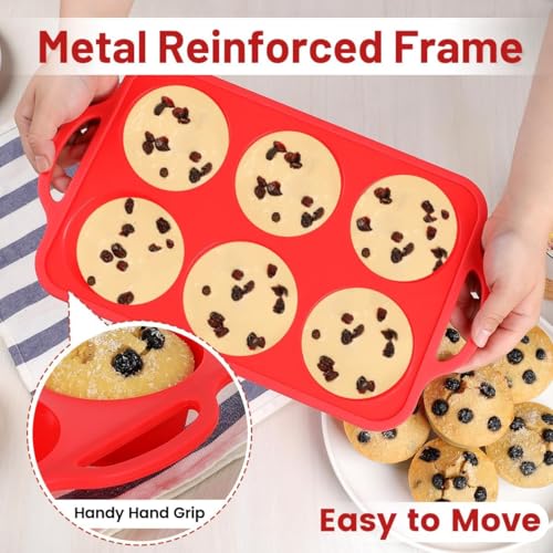Image of CAKETIME Large Muffin Pan Jumbo, Metal Reinforced Frame 3.5 Inch Large Silicone Cupcake Pan 6 Cup Jumbo Muffin Tin for Baking Easy to Handle
