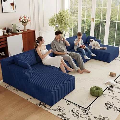 Image of 160 inch Modular Sectional Sleeper Sofa, Boneless Cloud Couch for Living Room, U Shaped 3 Seat Sofa with Deep Seat, Free Combination, Couch in a Box, No Assembly Required (Blue)