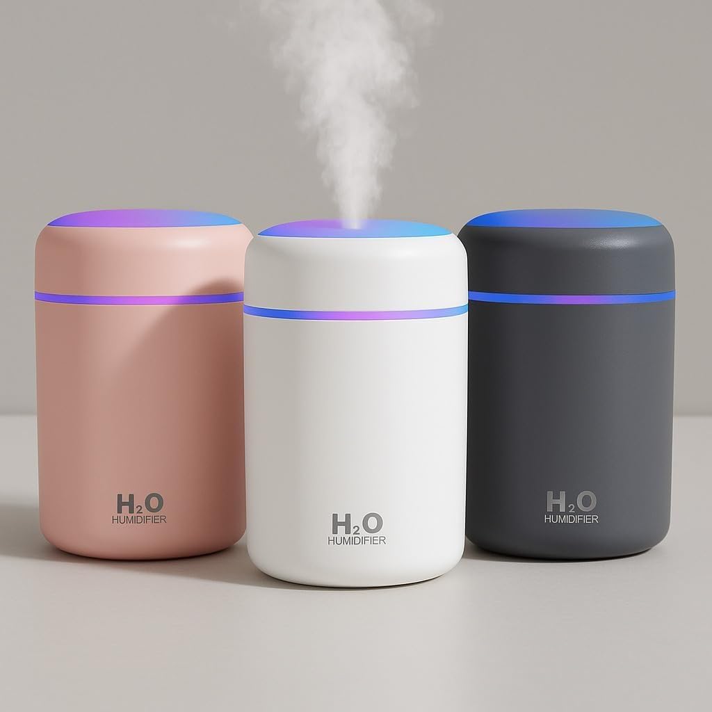 H₂O Colorful Mini Humidifier – 300ml USB Cool Mist Diffuser with RGB Night Light, 2 Spray Modes & Auto Shutoff | Bedroom, Car, Baby & Plants (White/Pink/Grey)-image-27