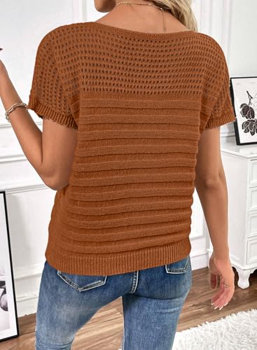 Image of SHEWIN Womens Sweaters Crew Neck Short Sleeve Shirts Summer Tops Knit Hollow Out T Shirts Sweater Blouses