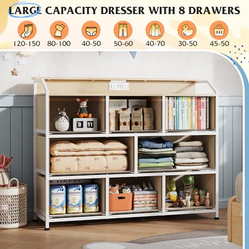 Image of WLIVE Led Dresser for Bedroom, TV Stand for Bedroom with LED Lights and Power Outlet, Wide Chest of Drawers for Hallway, 8 Fabric Drawers for Living Room and Entryway, Cream White