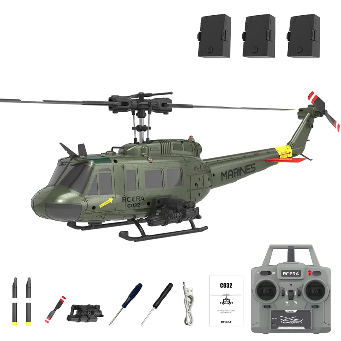 RCXTechPro RC ERA C032 UH-1 Huey RC Helicopter for Adults, 1/48 Scale 6CH 2.4G Flybarless Gyro Stabilized Aircraft with Optical Flow Positioning & One-Key Landing -RTF/3 battery