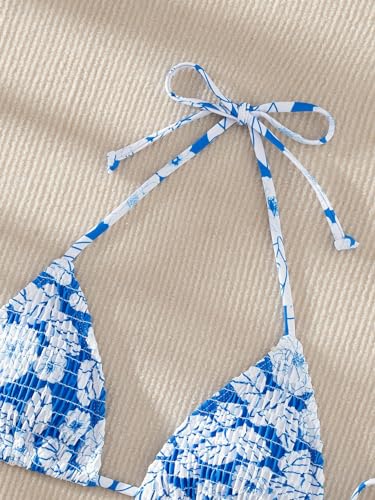 SHENHE Women's Triangle Halter Bikini Top Floral Tie Back Smocked Cute Swimsuit Top3