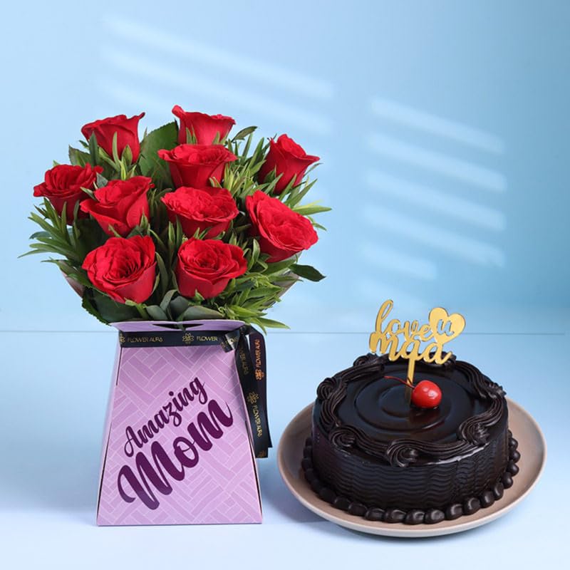 FlowerAura Premium Combo of Fresh Live 10 Red Roses Flower Bouquet In Box With 500g Chocolate Cake For Mother's Day Surprise & Birthday Gift For Mom | Mother | Maa | Mother-In-Law(Same Day Delivery)-image-45