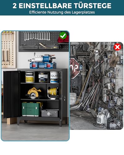 LVSTEEL Aktenschrank, abschließbarer Mehrzweckschrank mit 2 höhenverstellbaren Einlegeböden, Stahl-Büroschrank mit 2 Türen, Schwarz, 100×80×40 cm