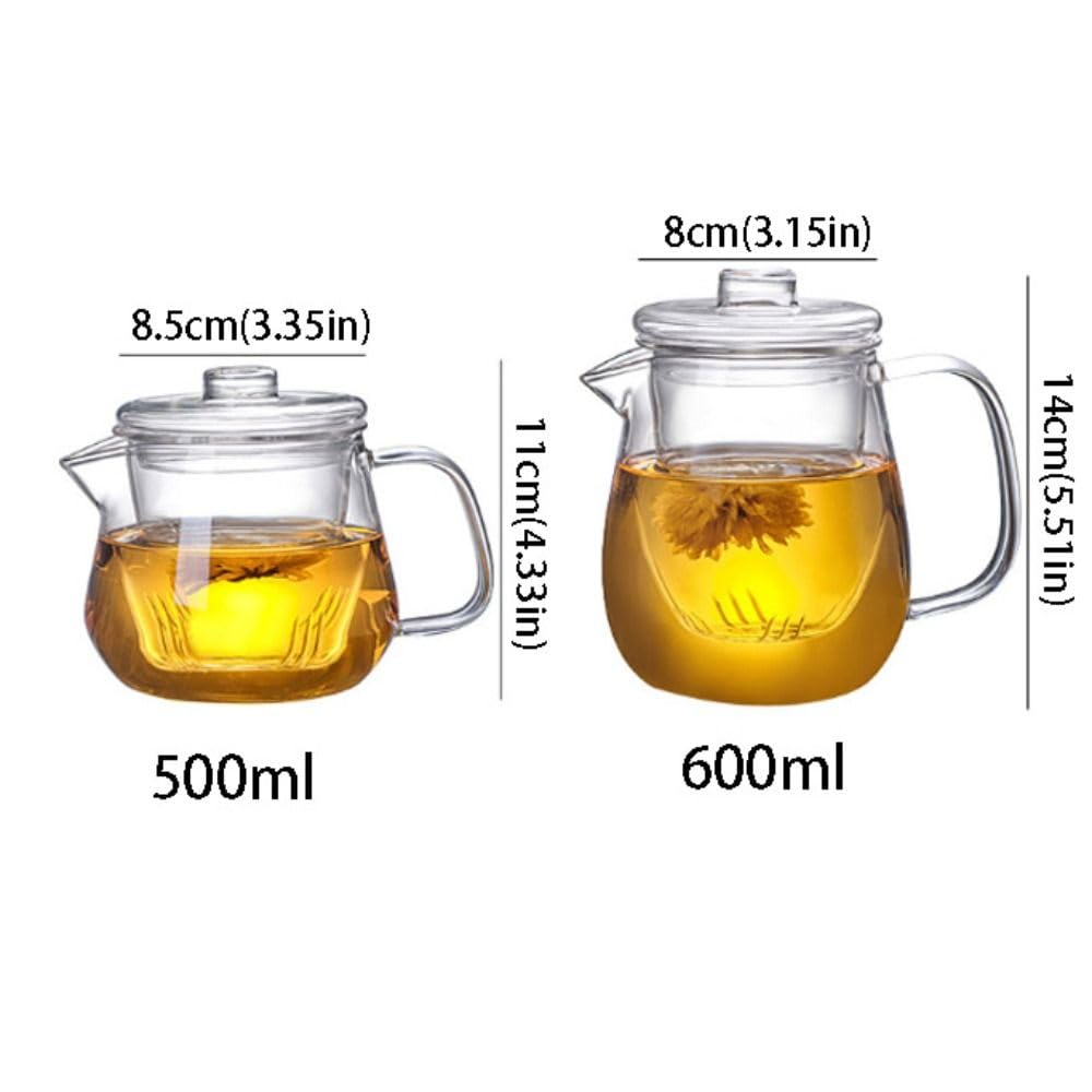 Glas-Teekanne mit Teesieb und Deckel, transparenter Teekessel für losen Tee, Kräuter- und Früchtetee, Heiß- oder Eistee, hitzebeständig und tropffreier Ausguss (500 ml)