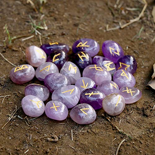 ZAICUS Amethyst Rune Stones Set with Engraved Elder Futhark Runic Alphabet Pagan Lettering Viking Runes for Divination Norse Witchcraft Healing Crystal Reiki Gemstones Irregular Shaped 25 Pcs