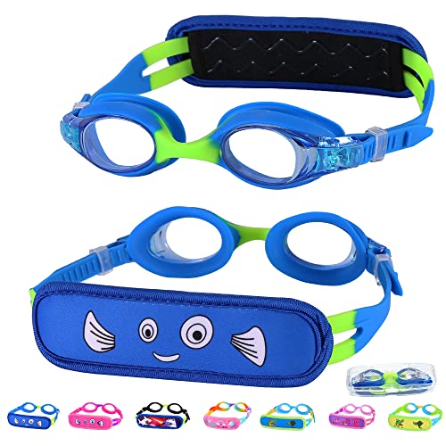 Toddler Swim Goggles, Toddler Goggles 3 - 5 year Old, Kids Swim Goggles with Fabric Strap - Pain Free & No Hair Pull, Blue Goggles for Boys