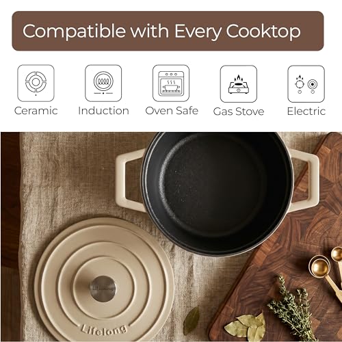 Image of Lifelong Enamel Cast Iron Casserole with Lid (3.8L, 24cm) | Oven, Gas & Induction Compatible | Slow Cooking, Even Heat Distribution, Nontoxic, Durable, Naturally Nonstick, No Stains or Scratch (Ivory)