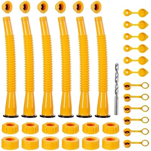 Extended length gas can spout replacement, nozzle length is 10.2 in for easier use. Gas can nozzle (6 kit-yellow) for 1/2/5/10 gal oil cans. With vent caps, thick rubber pad, spout cover, base cap Cover