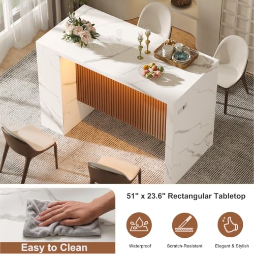 Image of Faux Marble Kitchen Island Table with Storage,LED Lights and Power Outlet | Imitation Marble Dining Table with Grille Design, Modern Rectangular Kitchen Dining Table for Dining Room,Living Room