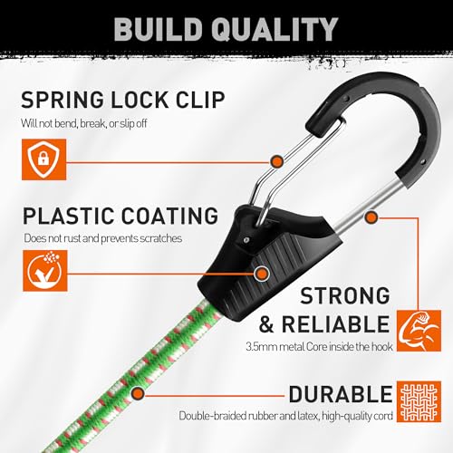Image of HORUSDY 10-Piece Premium Bungee Cords with Hooks, 40 inch Green Bungee Cords Assortment
