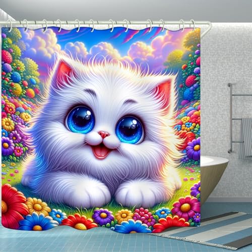 Image of LYFANS Bathroom Using White Cat 3D Shower Curtain, Deluxe Bathtub Standard Shower Curtain, Waterproof and Bright Fabric Shower Curtain with 12 White Hooks, Size (72x72 Inches)