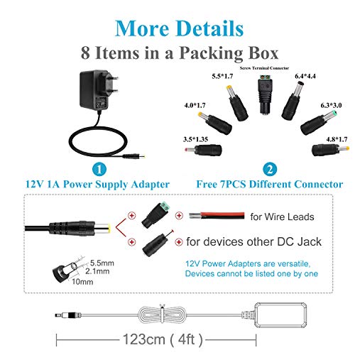 EFISH Adattatore di Alimentazione per Trasformatore 12V 1A,Spina di alimentazione per elettrodomestici,Telecamera CCTV,Campanello,Router,Hub,Strisce LED,Campanello di allarme,Scanner+7 Diverse Spine