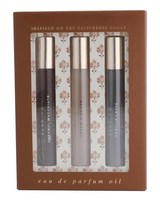 Sand and Fog Eau de Parfum Oil Discovery Set, 0.33 oz Rollers, 3 Piece Collection, Caramel Macchiato, Cream & Sugar, Vanilla Latte
