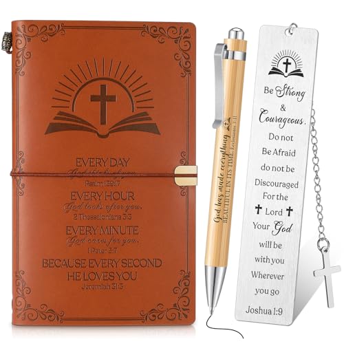 Tenare 3 Pezzi Regalo Cristiano Incluso Quaderno Cristiano, Diario in Pelle, Penna a Sfera, Segnalibri con Versetto Biblico per Lui, Regalo di Natale Ispirazionale, Regalo Religioso per Lei