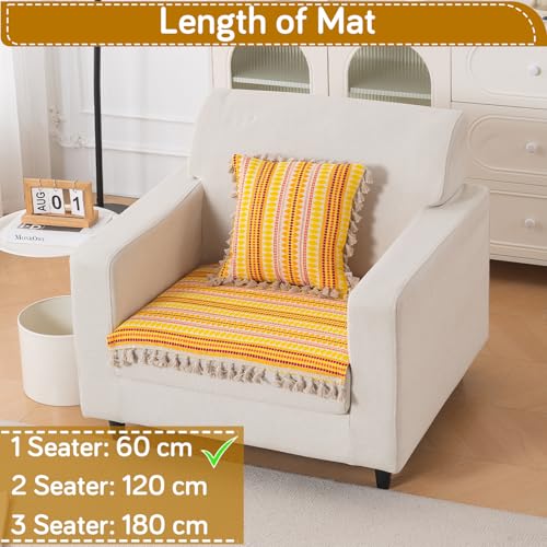 Image of HOKIPO 'Artisan Boho Series' Sofa Cover Mat with Tassel for 1 Seater Sofa | 450 GSM Thick Cotton Acrylic Jacquard Fabric, Mustard Yellow (IN-901-A1*S)