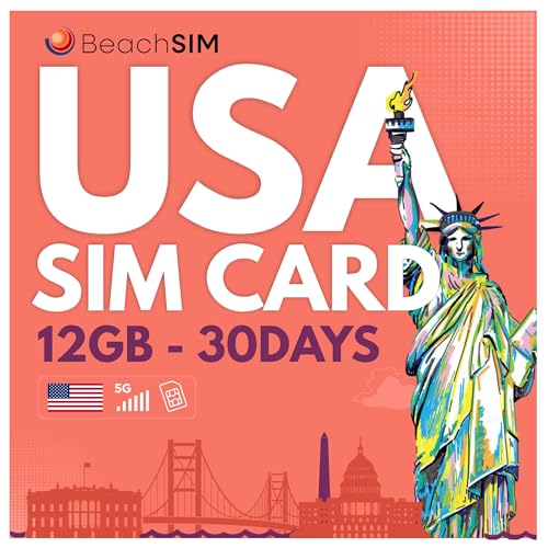 BeachSIM Tarjeta SIM USA 30 días. 12GB de Datos prepago Solo Datos a Velocidad 4G/5G. Recarga fácil y activación rápida. Funciona en Dispositivos iOS y Android.