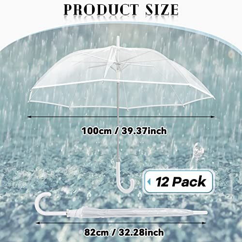 12 Pack Clear Umbrella Wedding Style Stick Umbrellas Large Canopy Windproof Transparent Stick Umbrellas Wedding Rain Transparent Umbrellas Bulk Auto Open J Hook Handle (White Edge Silver Handle) #TOP1
