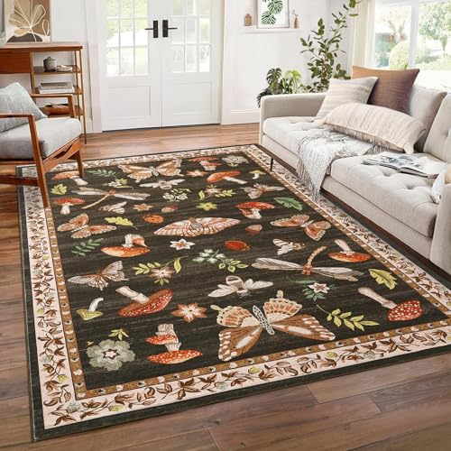 Mushroom Washable Rug 5×7 Area Rugs for Living Room, Insect Print Rug for Bedroom, Non Slip Throw Carpet with Rubber Back, Soft Low Pile Dining Room, Brown