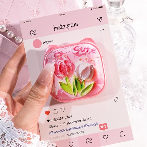 Image of for AirPods 4 Case with Cleaning Kit, Cute Cat Ear Print Design & Cute Buckle, Inverted Phone Holder Design, Top Safe Lock Buckle Design, for Girls AirPods 4 case 2024, Tulip