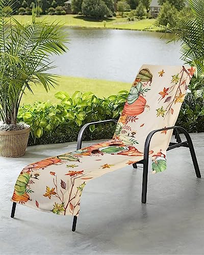 Boho Gnomes Pumpkin Beach Chair Towel Covers for Chaise Lounge with Side Pocket, Soft Plush Pool Towels Cover for Patio Sunbathing Outdoor 29''x85'' Thanksgiving Fall Harvest Autumn Leaf