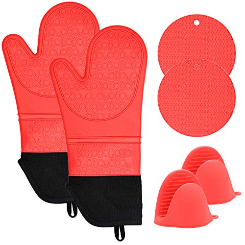 Silicone Oven Mitts and Pot Holders Set 6 Piece Set with 2 Hot Pads Heat Resistant to 450℉-Extra Long 15 Inch Professional Silicone Oven Mitts for Grilling Cooking BakingRed