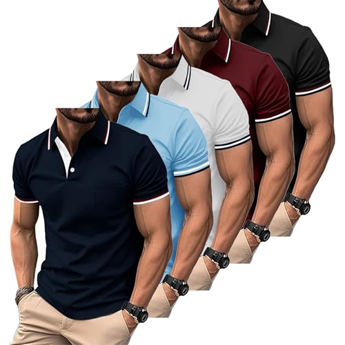 ZITY Lot de 5 Polo pour Homme Polo de Golf Manches Courtes Léger T Shirt pour Les Vacances Travail avec Boutons Printemps été Chemise Respirant