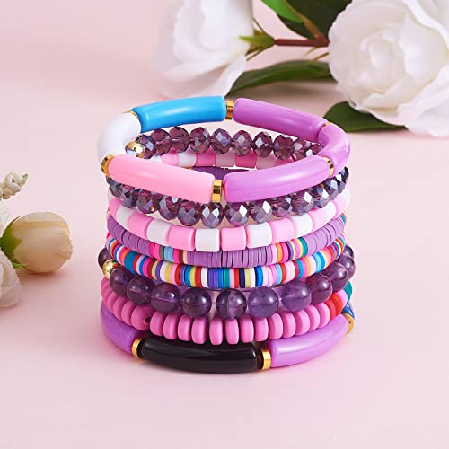 8Pcs Heishi Surfer Bracelet Set - Stackable Preppy Bracelet Acrylic Bamboo Tube Bracelet Synthetic Imperial Jasper & Glass Bead Stretch Bracelets Aesthetic Boho Jewelry4