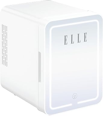 ELLE 4L Mini Cooler Fridge with LED Makeup Mirror for Skincare & Cosmetic Storage Cooler & Warmer Removable Shelf Carrying Handle AC DC Power Options Small Refrigerator for Bedroom Car Office White