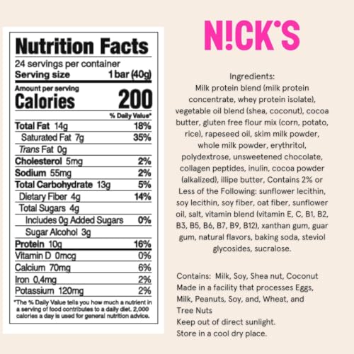 Image of NICKS Protein Wafer Bar | 25% Protein (10g) 198 Calories | Low Carb Chocolate Cookie Bar Snack with No Added Sugar, Gluten Free, Chocolate (24 bars x 40g)