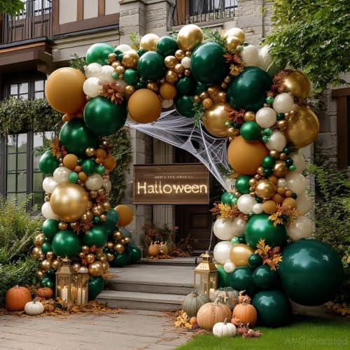 Image of Emerald Green Gold Balloon Dark Green Forest Hunter Brown White Sand | Pearl Balloon Garland Kit for Birthday Wedding Anniversary Baby Shower Graduation Party Decorations