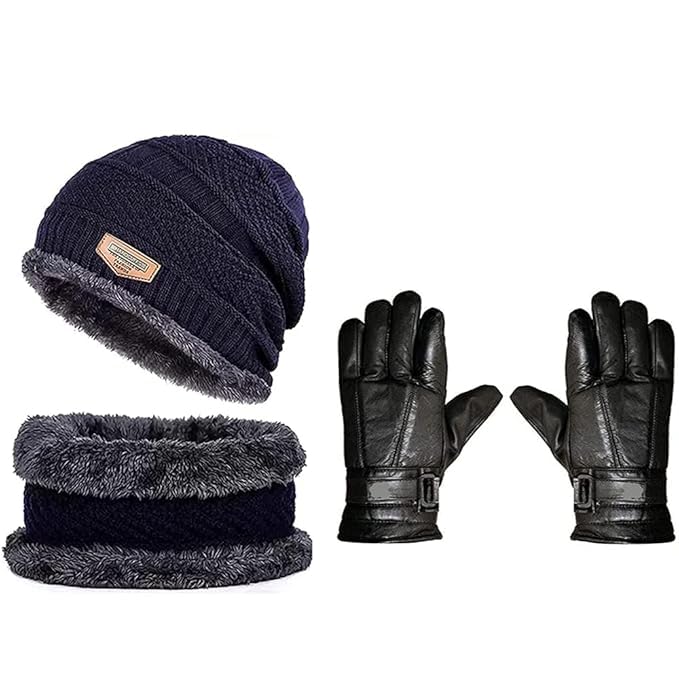 cable knit beanie with faux fur lining, infinity scarf, leather gloves set
