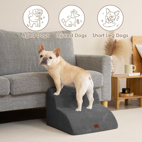 EHEYCIGA Hundetreppe für Kleine Hunde 30 cm Hoch, Haustiertreppe für Sofa Bett, Treppe für Hunde aus Hochdichtem Schwamm, Hunderampe mit Waschbarem Bezug und Rutschfestem Boden, 2 Stufen, Grau