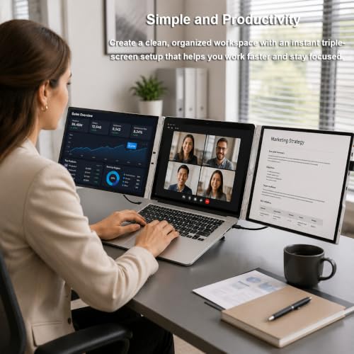 Image of 15 inch Portable Laptop Screen Extender Dual 1080P FHD Triple Monitor | Aluminum Alloy Casing, Tilt Adjustable Stand, Attachment, USB-C, HDMI for 13-16'' Laptops, Leather Case, No Driver