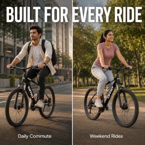 Image of Omobikes Manali Ace | Gear MTB Mountain Cycle | 21 Shimano Speed | Front Suspension | 26Inch Tire | Disc Brakes | Steel Frame | for 15+ Years Adults Unisex (Black)