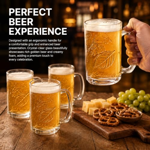 Image of WRINGO 390 ML Beer Mug | Premium Clear Glass Beer Mugs with Leaf & Petals Embossed Design | Heavy Base Beer Glasses with Handle | Large Drinking Mug for Beer, Juice, Soft Drinks & Cocktails Set of 2
