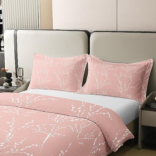 Blush Pink Branches Bedding Duvet Cover 100% Cotton Set Reversible Flower Plum Blossom Bedding Set 100% Cotton Decor Leaves Comforter Cover Set Bedspread Cover Bedroom Bedclothes Single - Image 3